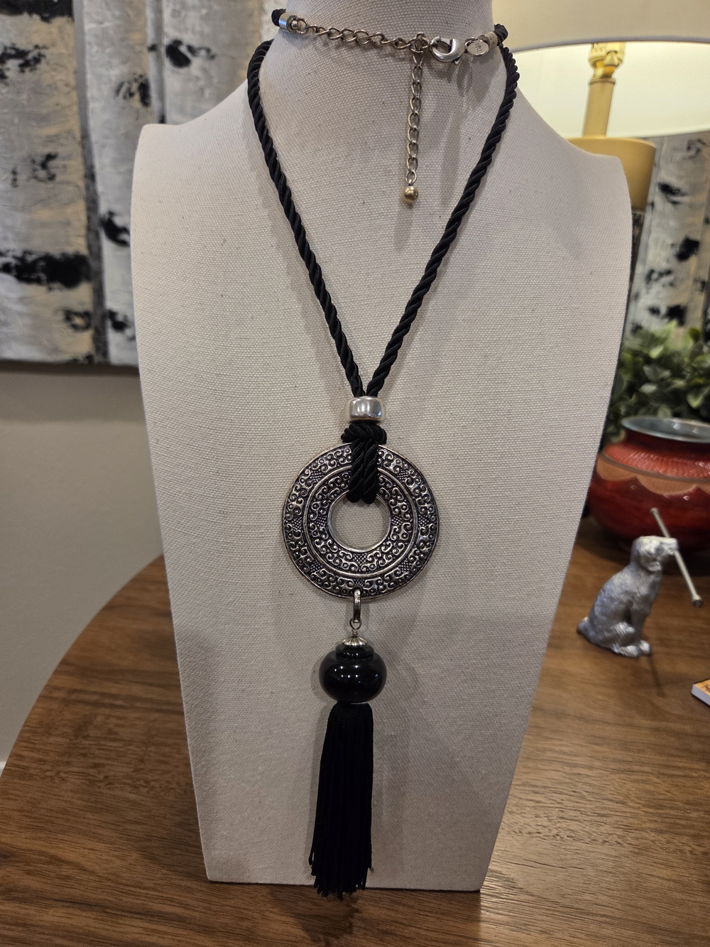 Chico's Black Cord Tassel Pendant Necklace with Silver-Tone Medallion